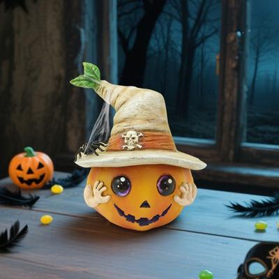 Halloween Decoration Resin Pumpkin Elf Sculpture Cute Funny Pumpkin Head Figurines Cartoon Miniature Statue Ornament Party