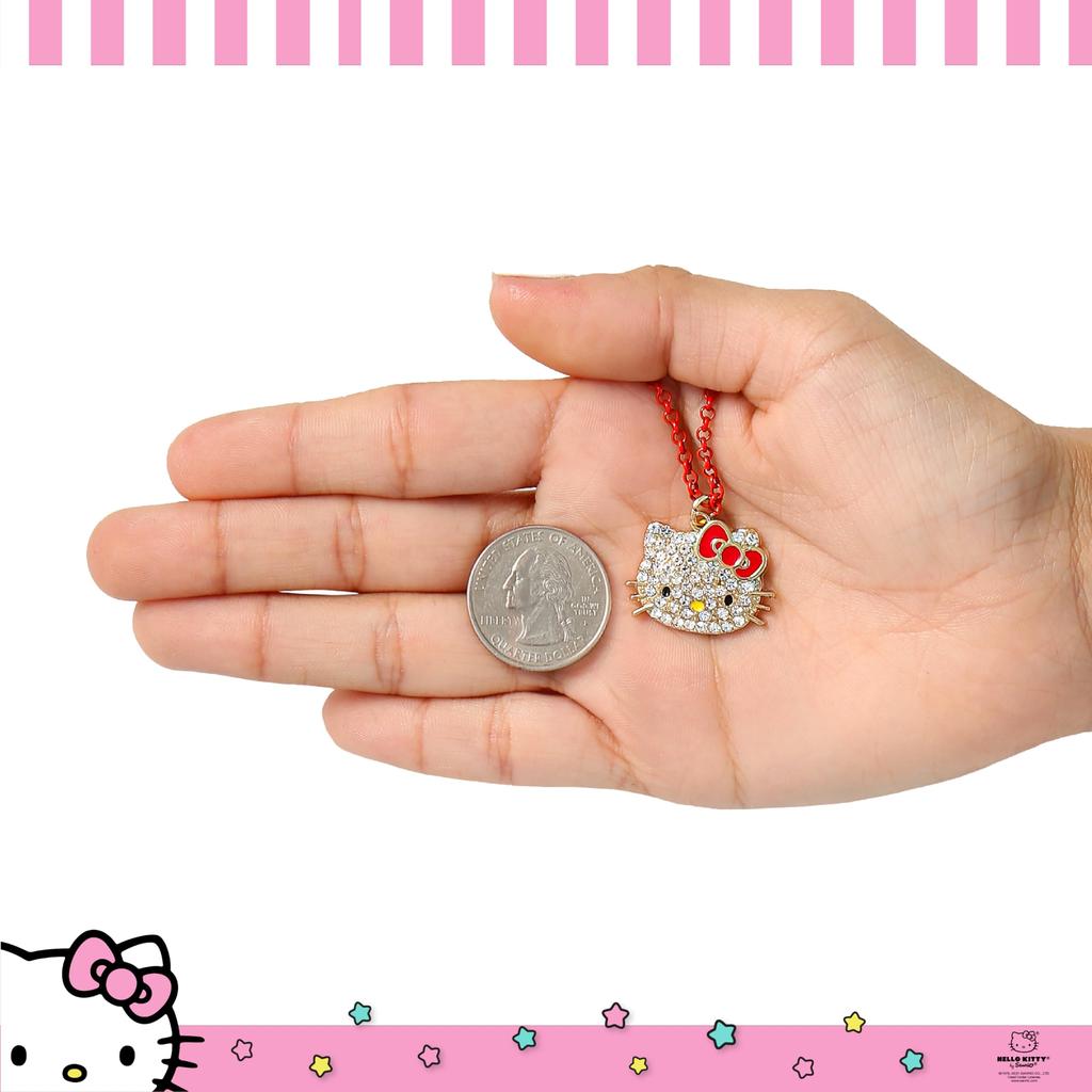 Hello Kitty Sanrio Pave anheng halskjede 16"+3" - Offisielt lisensiert halskjede smykker, gullbelagt, krystall