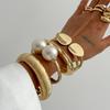 Salircon Exaggerated Big Imitation Pearl Open Bracelets for Woman Vintage Striped Metal Spring Bangles Punk Party Jewelry