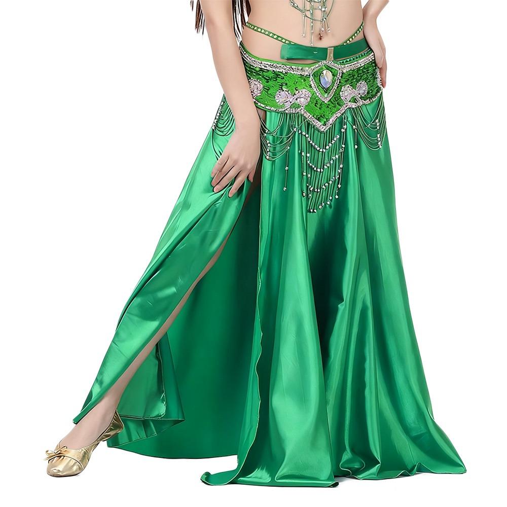 Fashion Chiffon Dancing Skirt Shining Bohemian Spanish Skirt Tassels Sun Skirt Belly Dance Accessories Show Costumes темно-зеленого