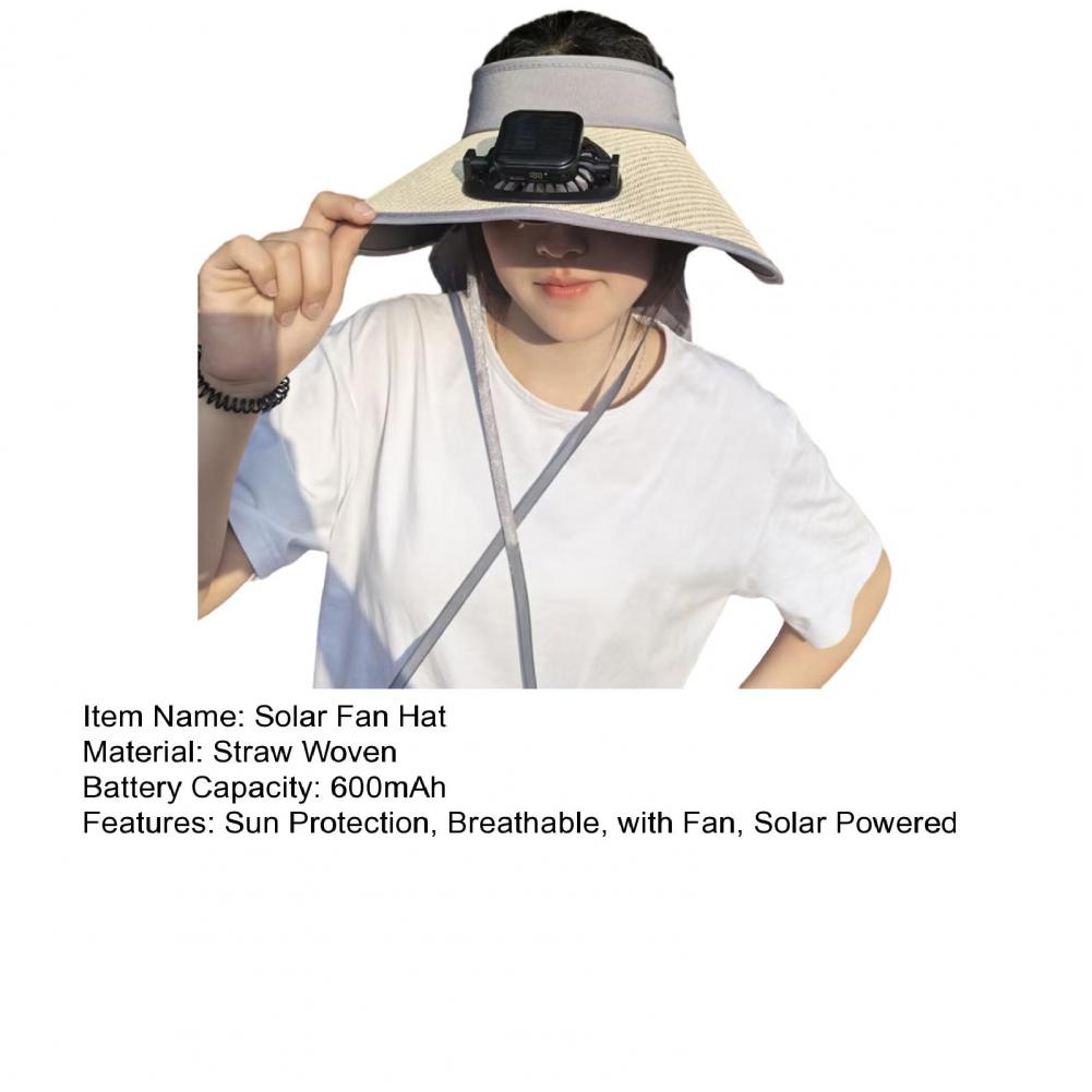 Solar Powered Ventilation Cap Straw Woven Hat Solar-powered Visor Hat with Dual Fans for Outdoor Activities Wide Brim for Beach