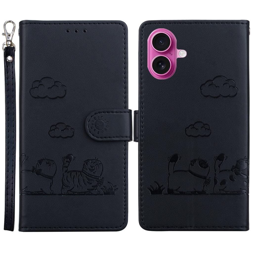 For iPhone 17 Case RFID Blocking Kitten Pattern TPU+PU Leather Phone Cover with Strap
