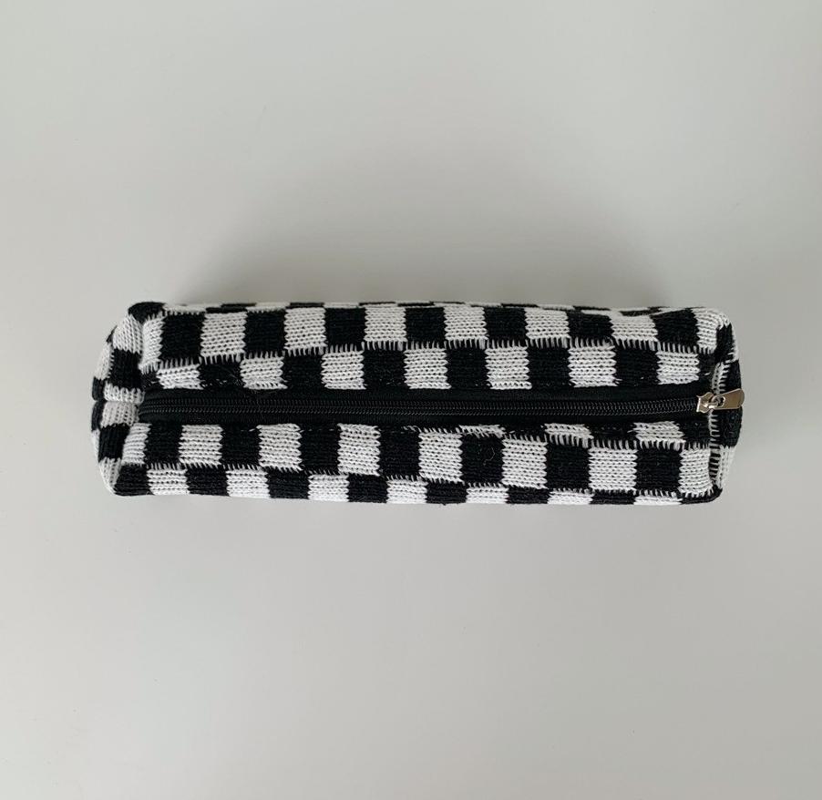 Knitted Plaid Zipper Cosmetic Bag Makeup Brush Pencil Bag School Pen Case