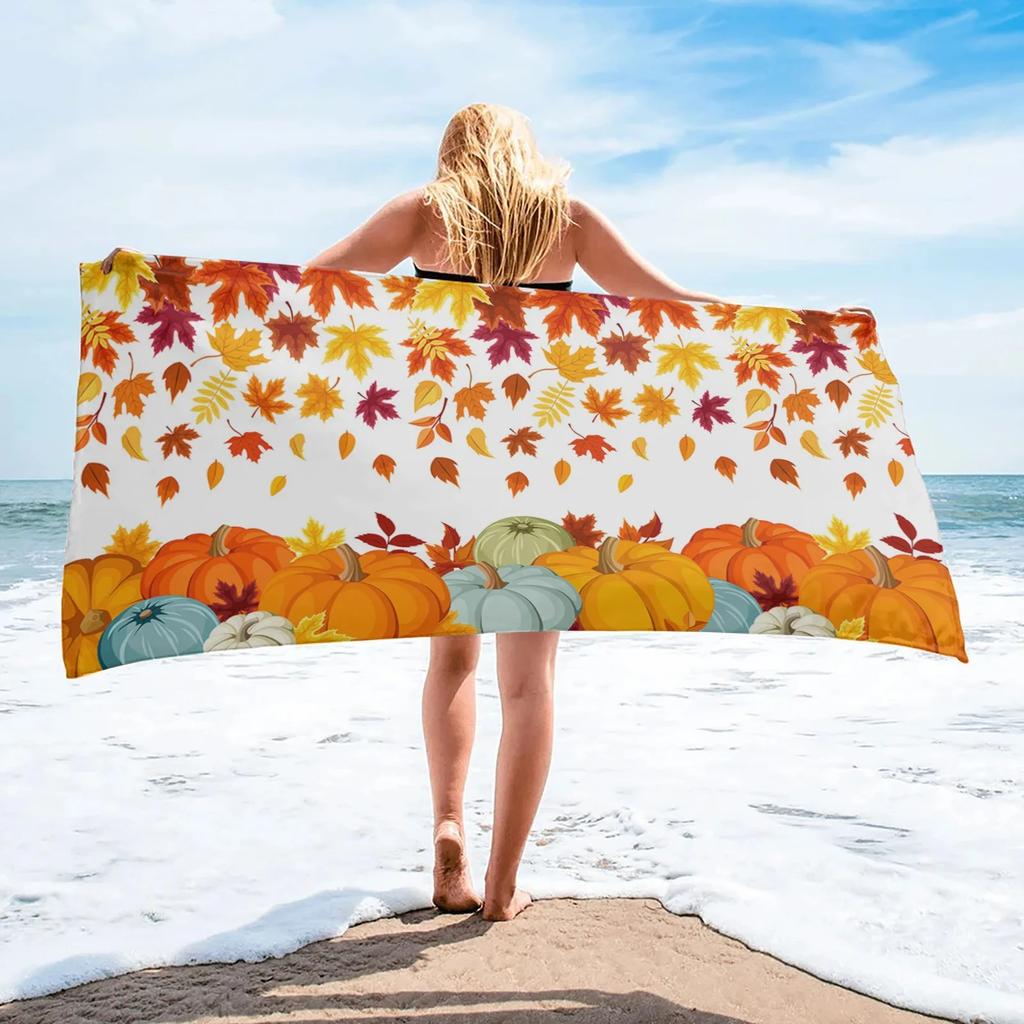 Herbstkürbis Ahornblätter Druck Strandtuch Saugfähig Schnelltrocknend Badetuch Superweiche Stranddecke Reisetuch für Schwimmen Fitnessstudio