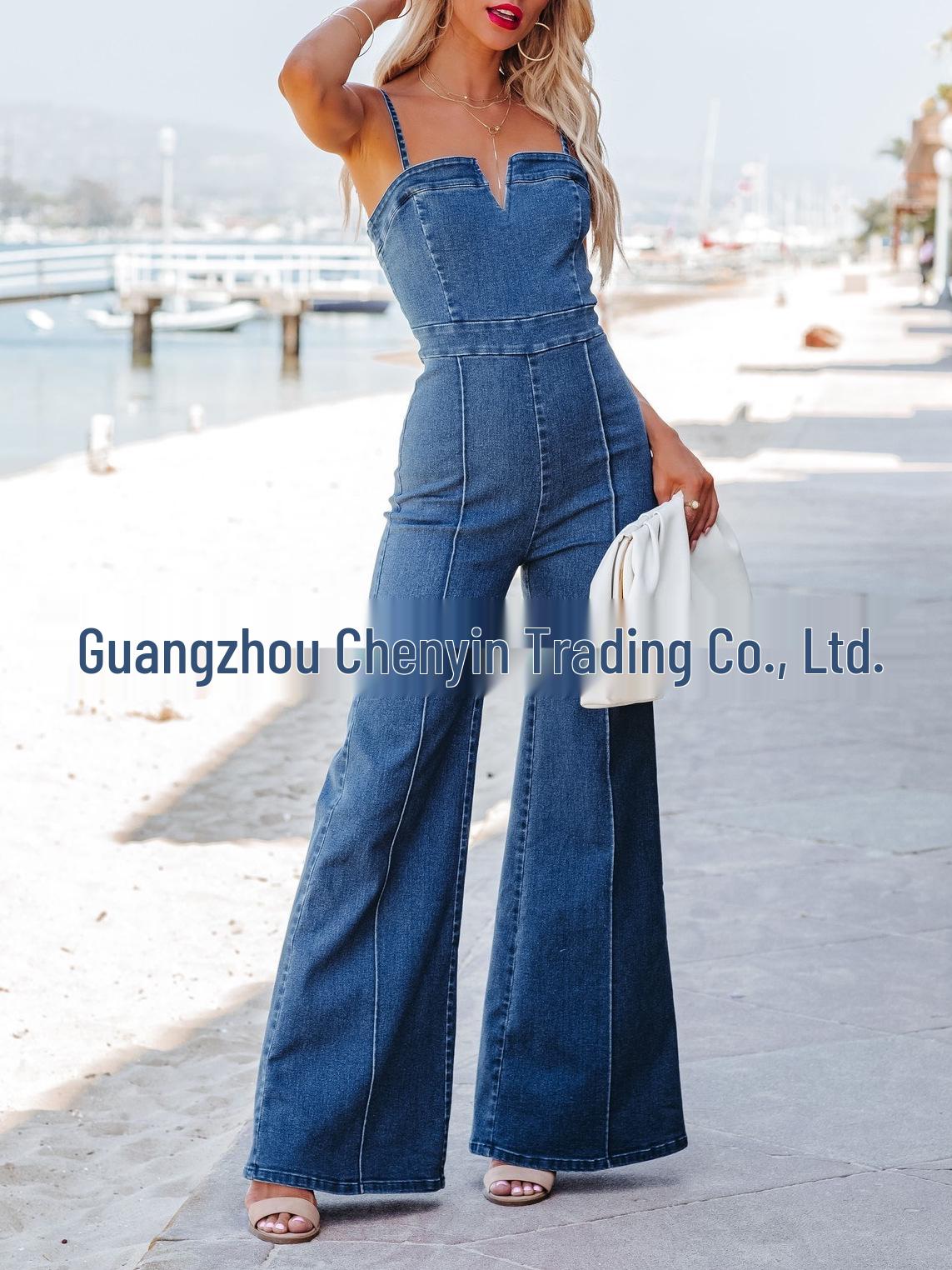 

European and American Women s Summer Cotton Denim Jumpsuit - Washed Blue Suspender, High-Stretch, Micro-Flare Long Pants Double Extra Large джинсовий синього кольору