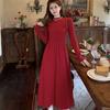 French Red Semi-High Neck Knit Slimming Dress - Long-Sleeved Autumn/Winter Fashion for Women