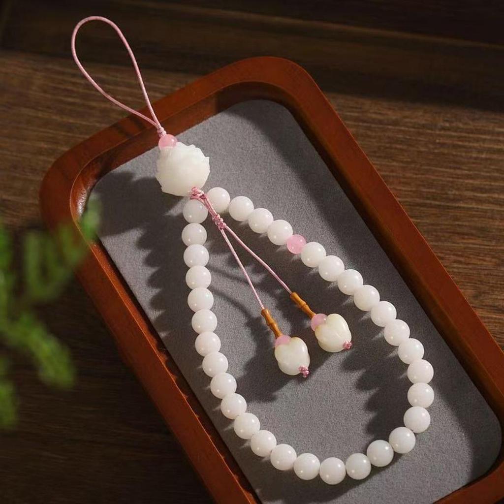White Jade Bodhi Root Phone Chain Pendant - Anti-Lost Ancient Style Wrist Lanyard.