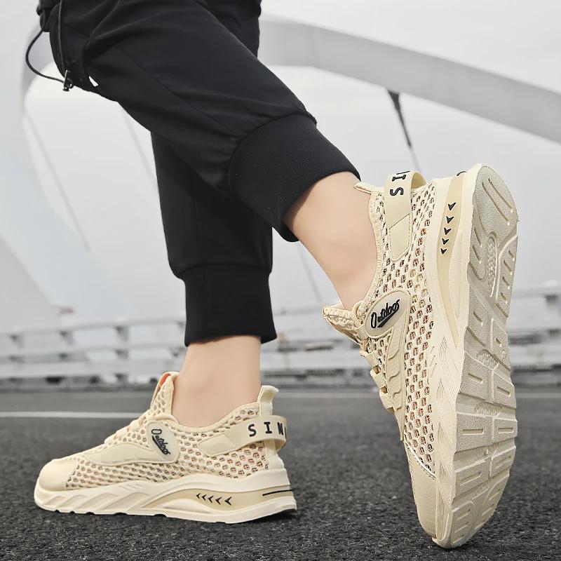 Summer Hollow Pure Color Lace-up Mesh Surface Breathable Sports Men's Running Trend Casual Plus Size Men's Shoes