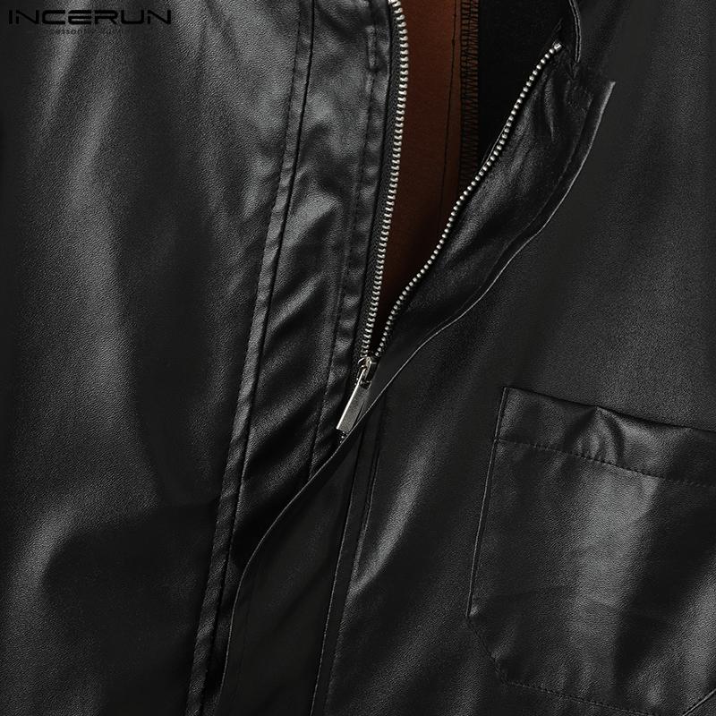 INCERUN Autumn Men Collarless Long Sleeve Zip-up PU Leather Casual Cropped Coats Jackets