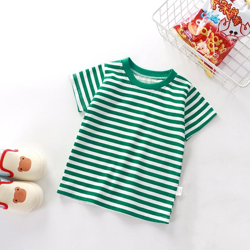

Летние новые футболки в полоску для мальчиков и девочек, детская одежда, повседневные футболки с коротким рукавом и круглым вырезом из хлопка, футболки, детская одежда 110 зелёный
