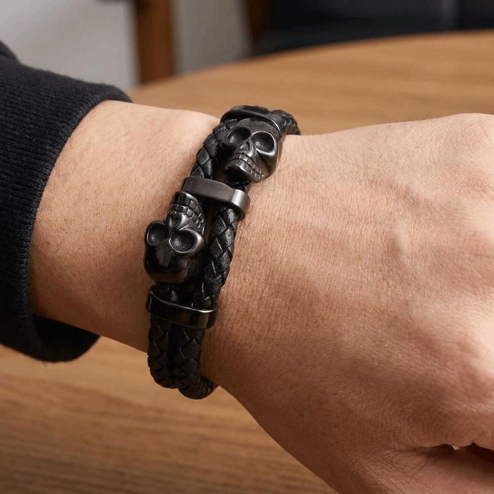 Multi-layer Leather Braided Bracelets Unique Magnetic Hand Chain Individuality Skull Wristband  Men