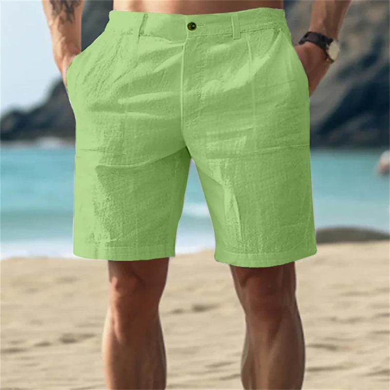 Men's Summer New Linen Beach Breathable Straight Casual Shorts Solid Color Loose Vacation Style Five-point Pants