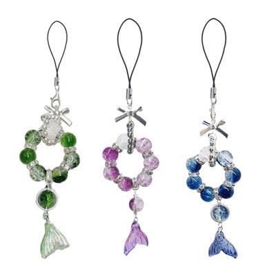 Cellphone Lanyard Decorative Butterfly Knot Phone Charm with Fish Tail Colorful Beaded Keychain Trendy Bag Accessory