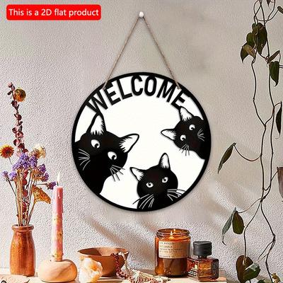 2D Flat 20*20cm 1pc Welcome Sign Fun Black Cats Wooden Hanging Decoration, Simple Yet Cute Style Art Ornament Suitable For Decorating Club, Garden,