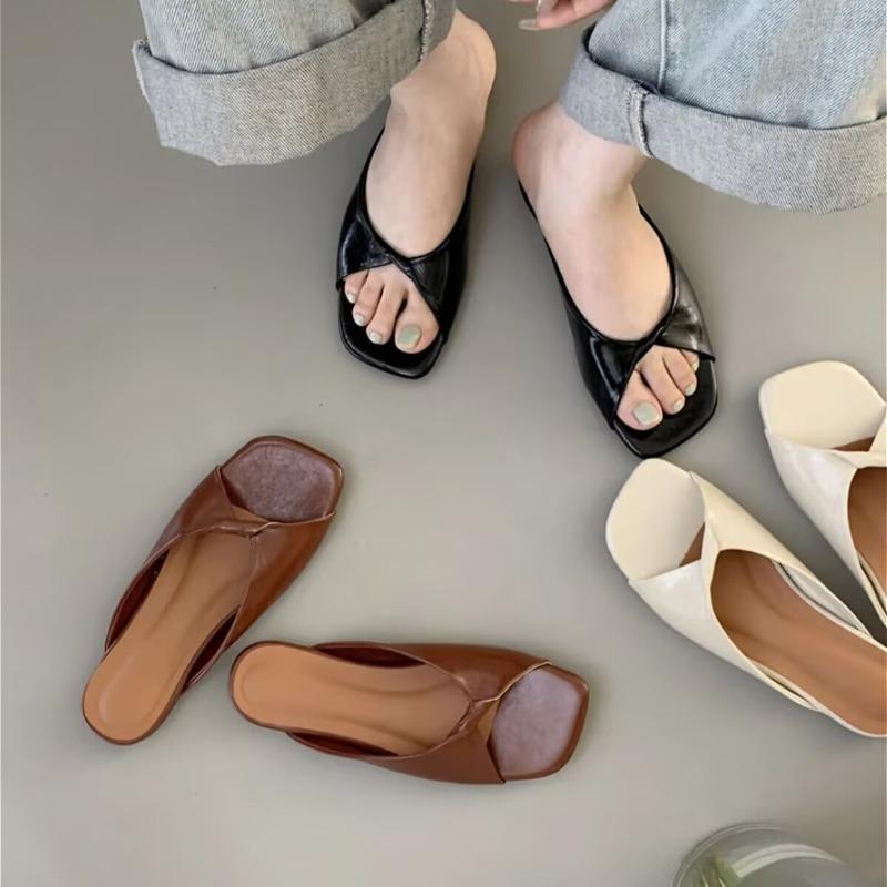 Flats Slippers Women Open Toe Sandals Summer Flip Flops Casual Shoes 2025 Trend Beach Slides New Square Toe Shoes Woman Designer