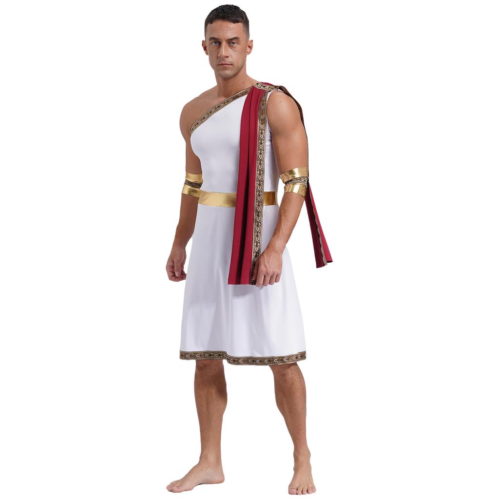 Mens One Shoulder Greek Toga Sleeveless Robe Embroidered Trim Detachable Cuffs Ancient Costume Halloween Outfit