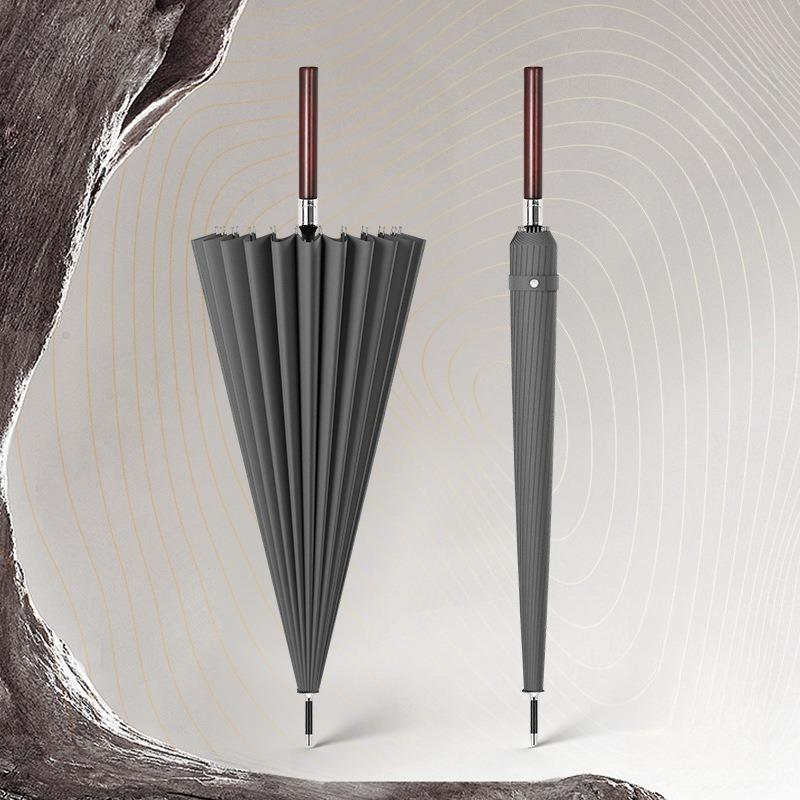 24 Bone Fiber Lotus Bone Wooden Handle Umbrella Men's High-grade Business Thickened Strong Straight Long Handle Umbrella