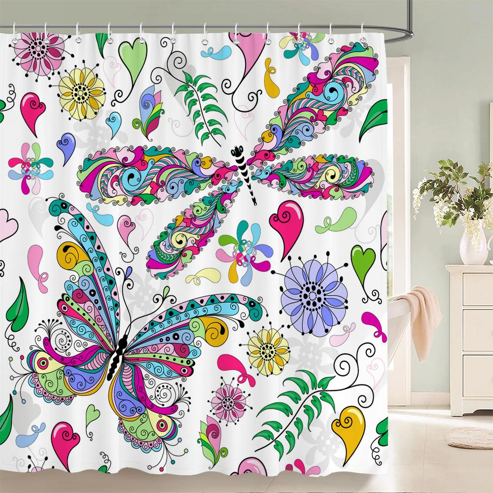 

3D Butterfly Pattern Shower Curtains Flowers Bath Curtain With Hooks Waterproof Polyester Fabric Printing Curtain for Bathroom W90xH180cm