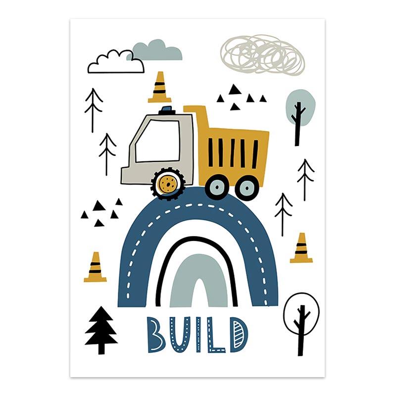 Cartoon Crane Excavator Tractor Truck Poster Wall Art Canvas Painting Nursery Child Boys Pictures Nordic Wall Print Room Decor