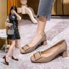 Square Head High Heels Thick Heel Patent Leather Burgundy Middle Heel Shoes Spring and Autumn Niche Square Head Single Shoes