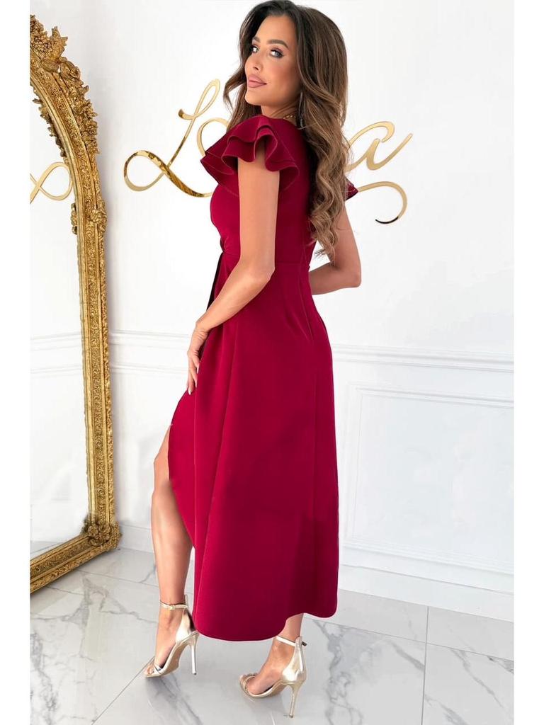 Solid Color V-Neck Ruffle Sleeve Dress with Waist-Cinching Design for Women - 2025 Summer Collection