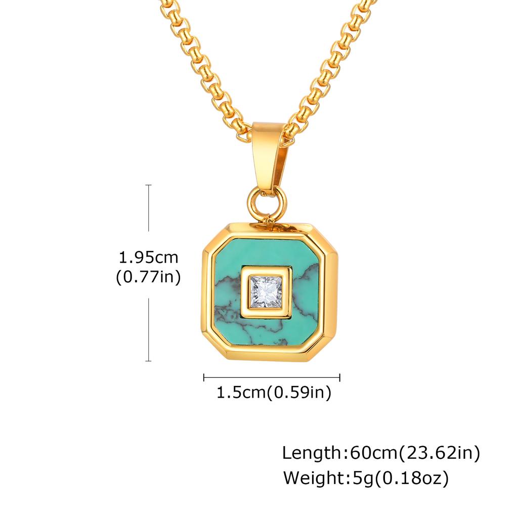Mens Square Pendant Necklaces,Small Geometric Green Natural Stone Pendant with AAA CZ Stone,Simple Stylish Collar