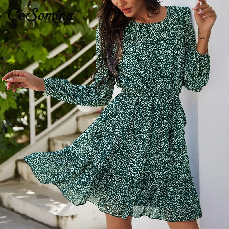 Floral Print Ruffled Summer Dress Women Elegant Long Sleeve Sashes Female Chiffon Dress Bohemian Spring Short Dress