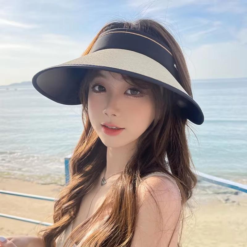 Summer New Sunshade and Sun Protection Empty Top Hat for Female Cyclists, Foldable Straw Woven Hat for Outdoor Travel