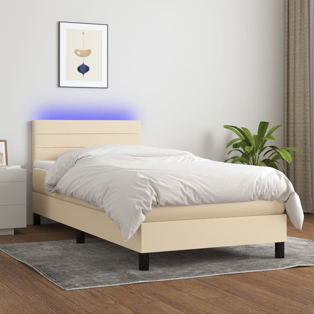 Box Spring Bed with Mattress & LED Cream 90x200 cm Fabric