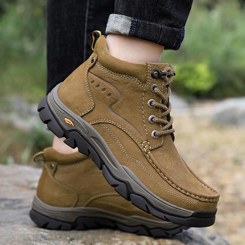 Fashion Luxury Brand Mens Casual Motorcycle Boots Genuine Leather Solid Color Outdoor Boots Warm Plush Fur Winter High Top Shoes Botas