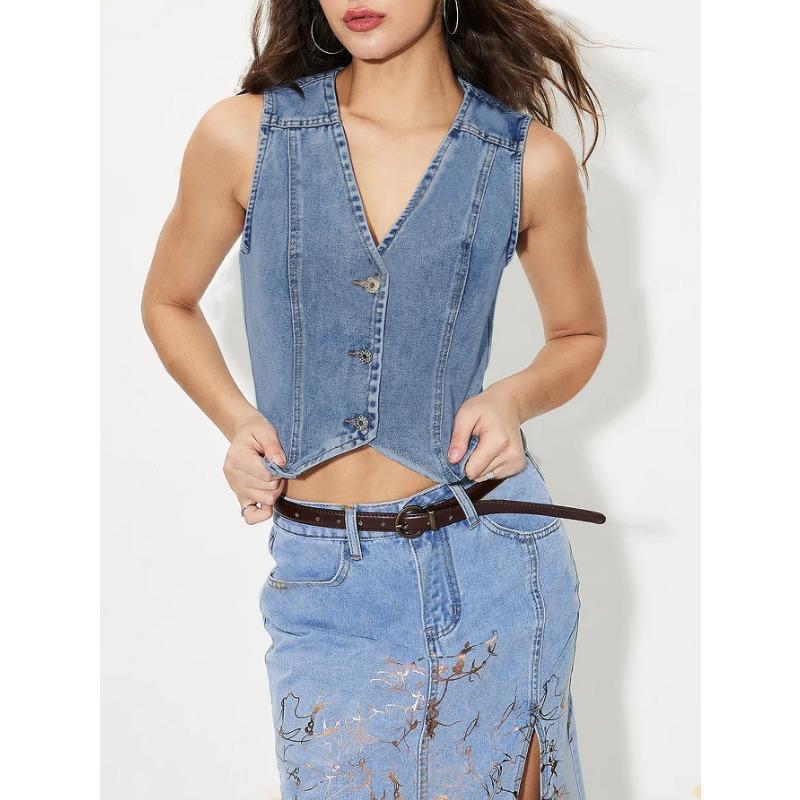 Kadınlar için Yeni V Yaka Denim Yelek Üst