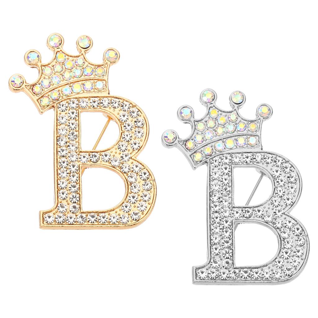2pcs Letter Brooch Pins Crown Initial Rhinestone Alphabet A-W Letter Lapel Badges Pin for Women Suits Dress Coat Clothes Craft