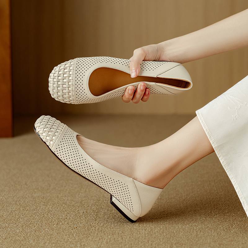 Krazing Pot Cow Skin Weaving Summer Size 41 Low Heels Party Shoes Women Square Toe Gladiator Mixed Color Hollow Out Pumps