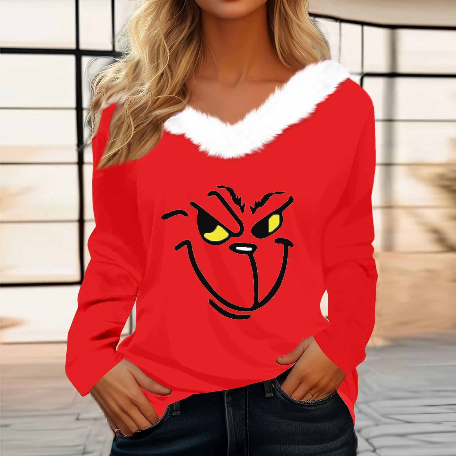 

Женская футболка, рождественская рубашка с длинным рукавом, вечерние, рождественский флисовый воротник, топ с v-образным вырезом XXXL киноварь
