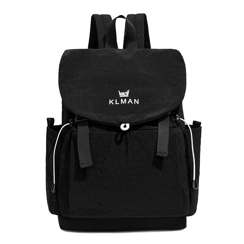 Solid Black Flap Backpack with Drawstring Closure Side Pockets Adjustable Straps Casual Travel Daypack