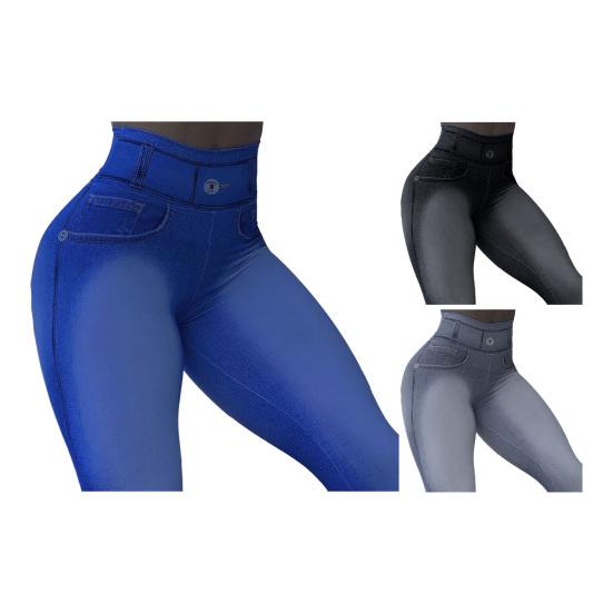 Pantalon de Yoga Taille Haute Tissu Élastique Coupe Amincissante Texture Denim Imitation Pantalon d'Exercice Leggings d'Entraînement Polyvalents