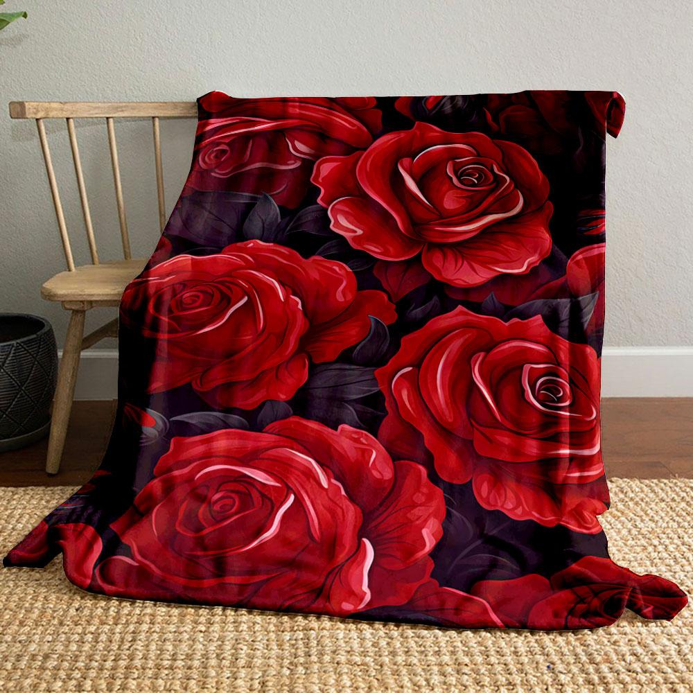 Vivid Red Roses with Dark Green Leaves On a Deep Background. for All Seasons Blanket Lunch Break Throw Gift