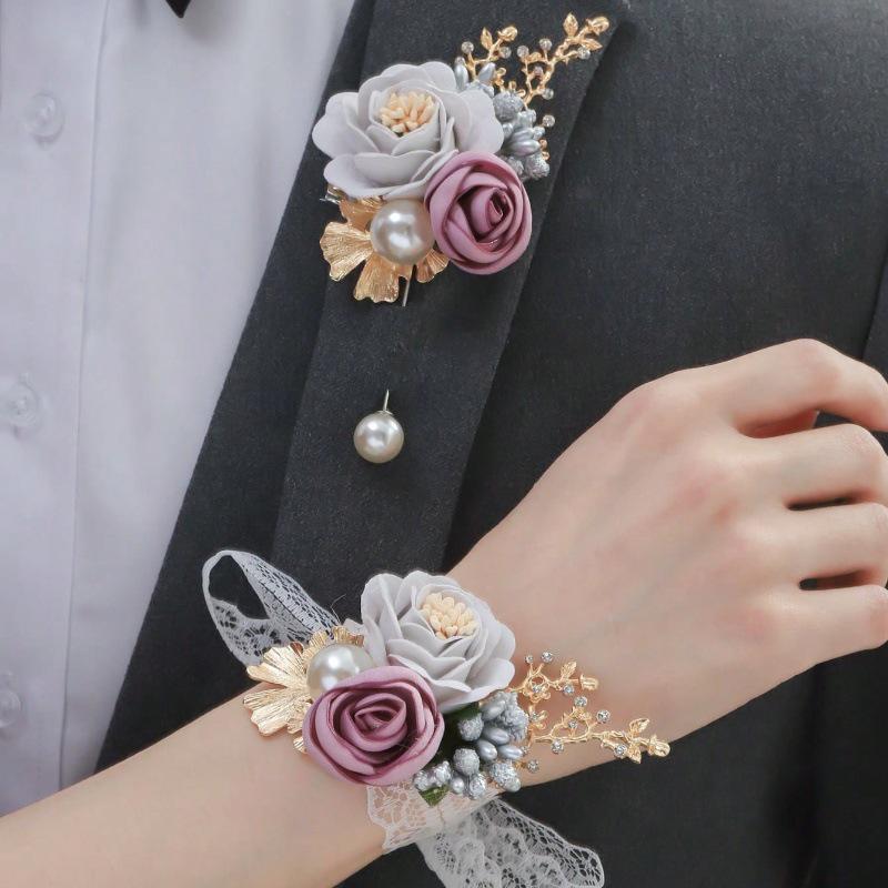 Grenzüberschreitende Hochzeitsrequisiten: Koreanischer Stil Braut & Bräutigam Simulationsblumen, Brautjungfern- & Trauzeugen-Anstecksträußchen, Kleine Geschenke