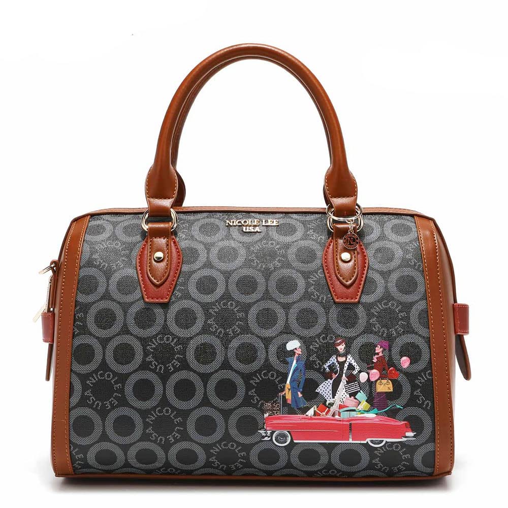 

NICOLE LEE SW16304 SMALL WORLD BLACK BROWN Monogram Classical Mini Boston Handbag Shoulder Vegan Leather Vegan Nicole Lee Antique Vintage SDGs Nicole