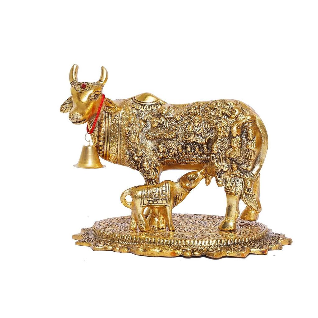 Gold Plated Kamdhenu Cow with Calf Metal Statue for Good Luck Feng Shui & Vastu Showpiece As Table Top Religious Idol