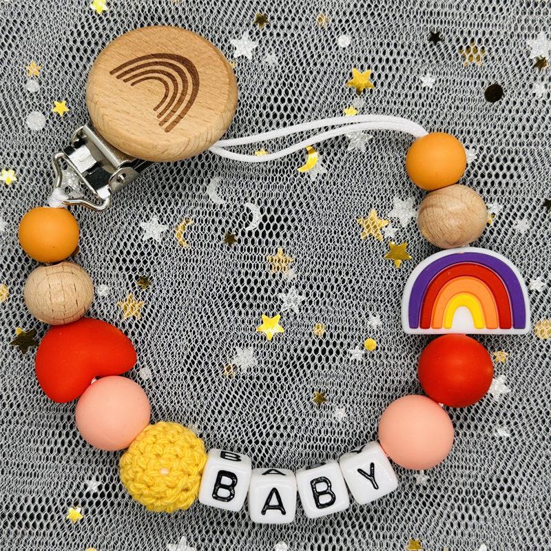 Handgefertigte Personalisierte Schnullerketten mit Namen Schnullerhalter Baby Silikon Regenbogen Schnullerhalter Kette Baby Beißring Geschenk