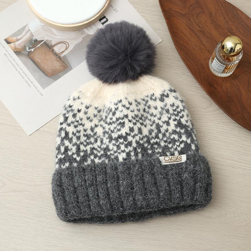 Korean Version of Autumn and Winter Hat for Women with Velvet Rabbit Wool Knitted Hat Wool Ball Cute Wool Hat Ear Protection Warm Pullover Hat