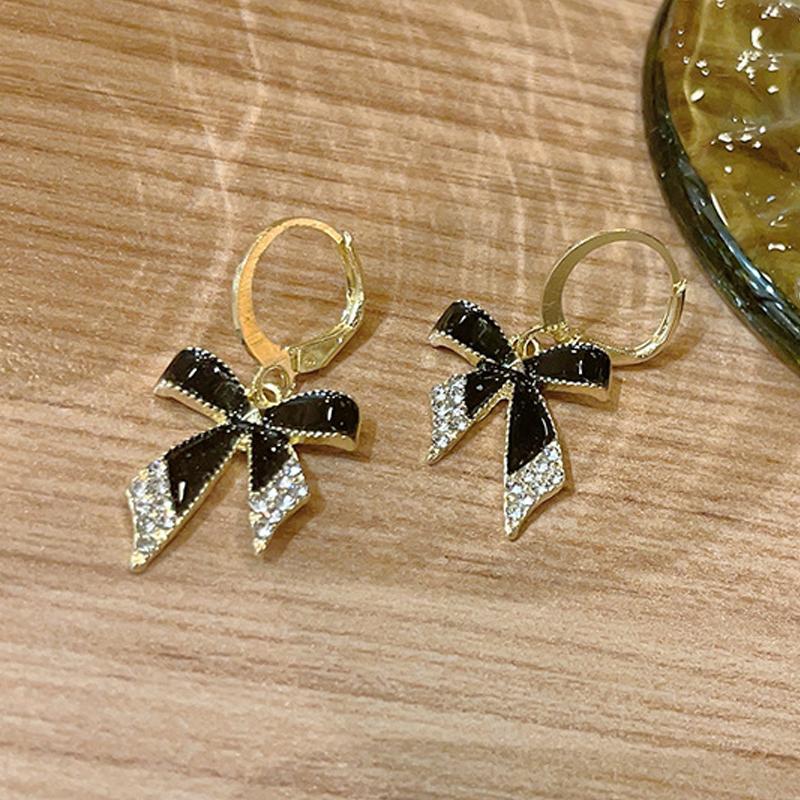 Μαύρα Σμαλτωμένα Κρυστάλλινα Κρεμαστά Σκουλαρίκια Φιόγκος με Λάδι για Γυναίκες Νέα Μοντέρνα Στρογγυλά Σκουλαρίκια Κρίκοι Γάμου Πάρτι Κομψά Χρυσού Χρώματος Κοσμήματα