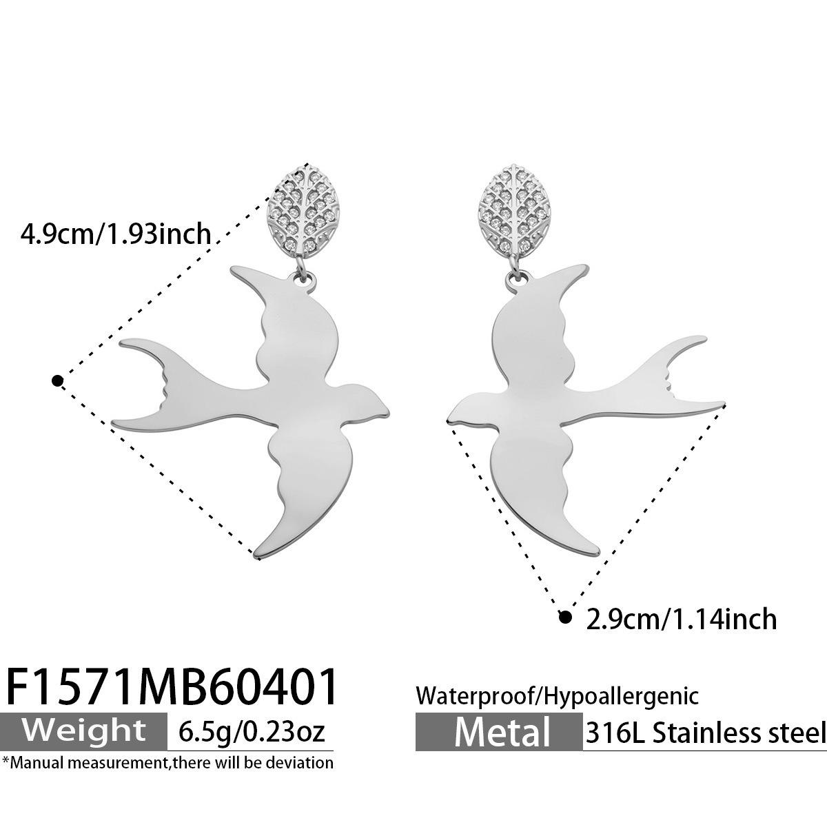 18k Gold-Plated Zircon Leaf  Swallow Earrings: Personalized, Stainless Steel Dangle Design