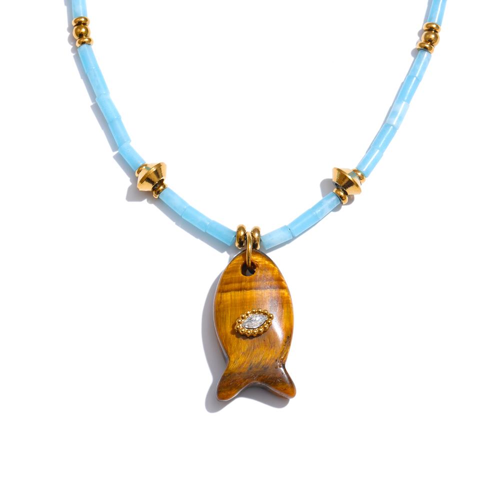 

Yhpup Ocean Style Natural Aventurine Agate Turquoise Tiger Stone Fish Pendant Necklace Exquisite Handmade Exclusive Jewelry