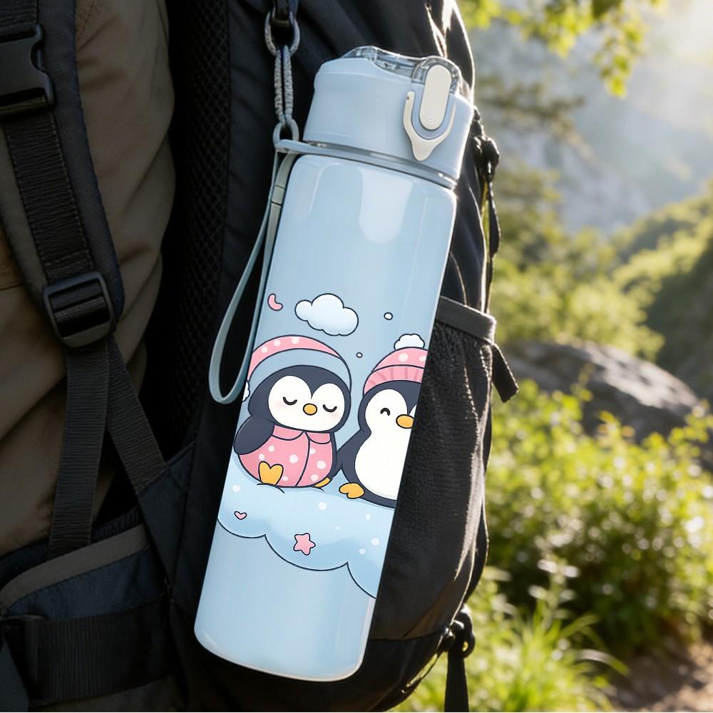 1PC Cloud Twin Penguin Art 750ml Color Plastic Sports Water Bottle Leakproof Flip Straw Lid Suitable for Sports Office Home Use