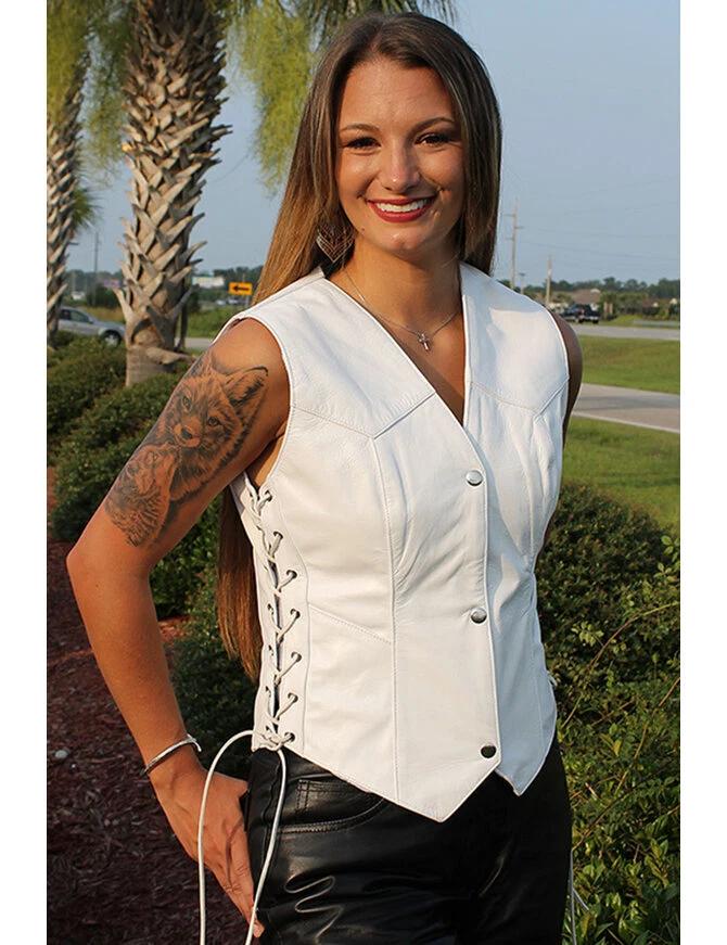 White Side Lace Vestcoat Women Waistcoat Leather Stylish Button Western Lambskin