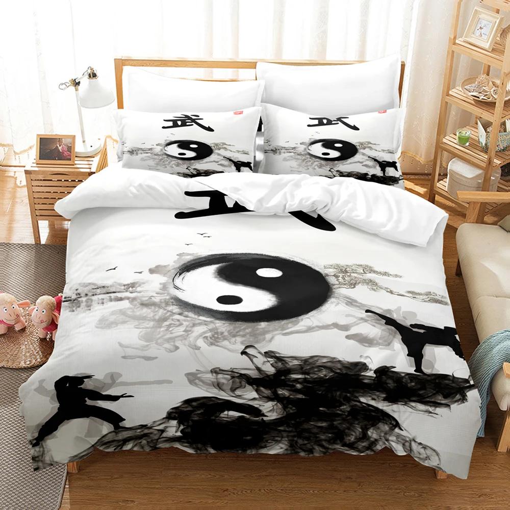 Chinese Kungfu Duvet Cover Black Cartoon Martial Artist Silhouette for Adult Teens Boys China Cultural Theme Bedroom Decoration