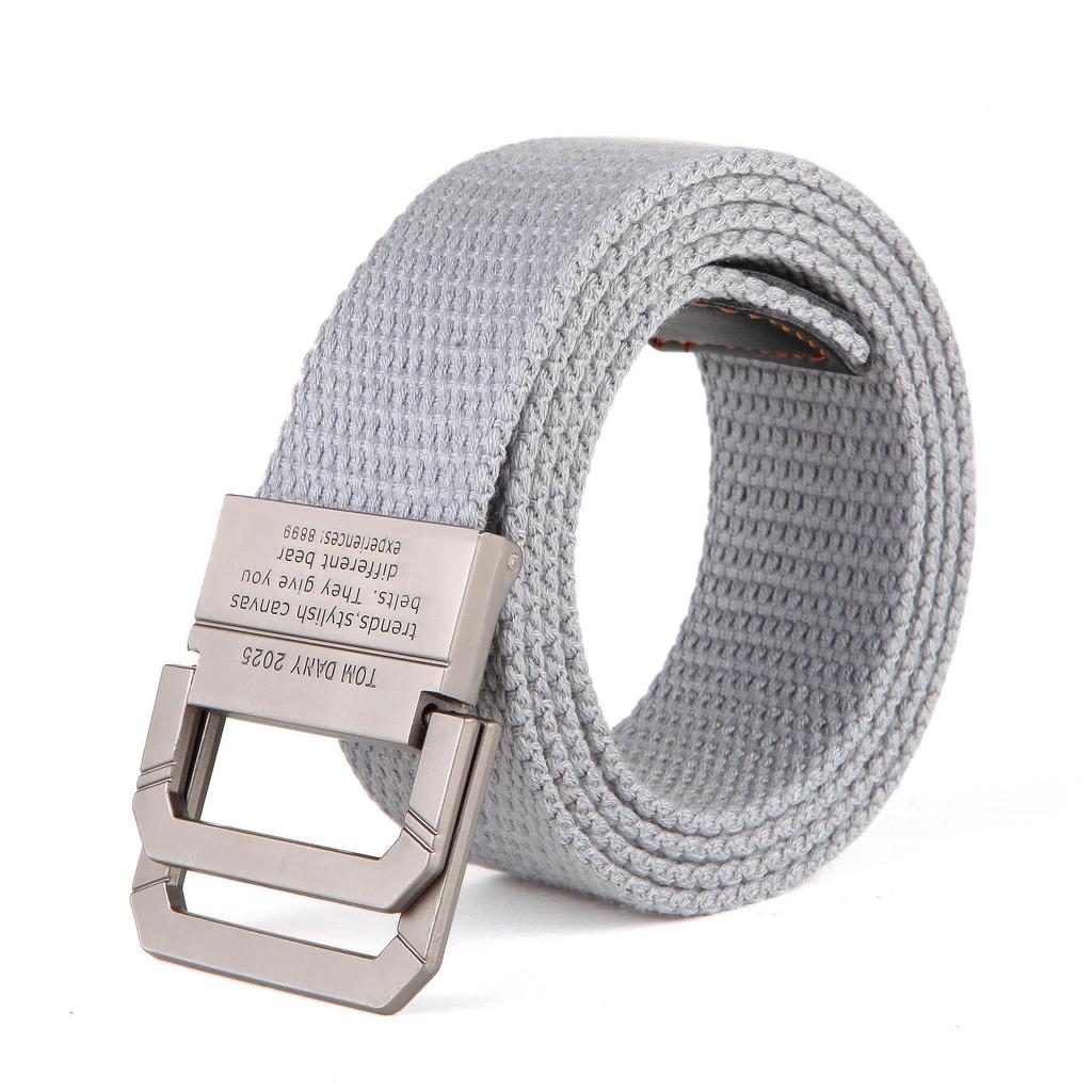 Men's Fashion Canvas Belt with Double Ring Buckle for Teens and Students - Leather-Accented and Adjustable Trousers Belt.