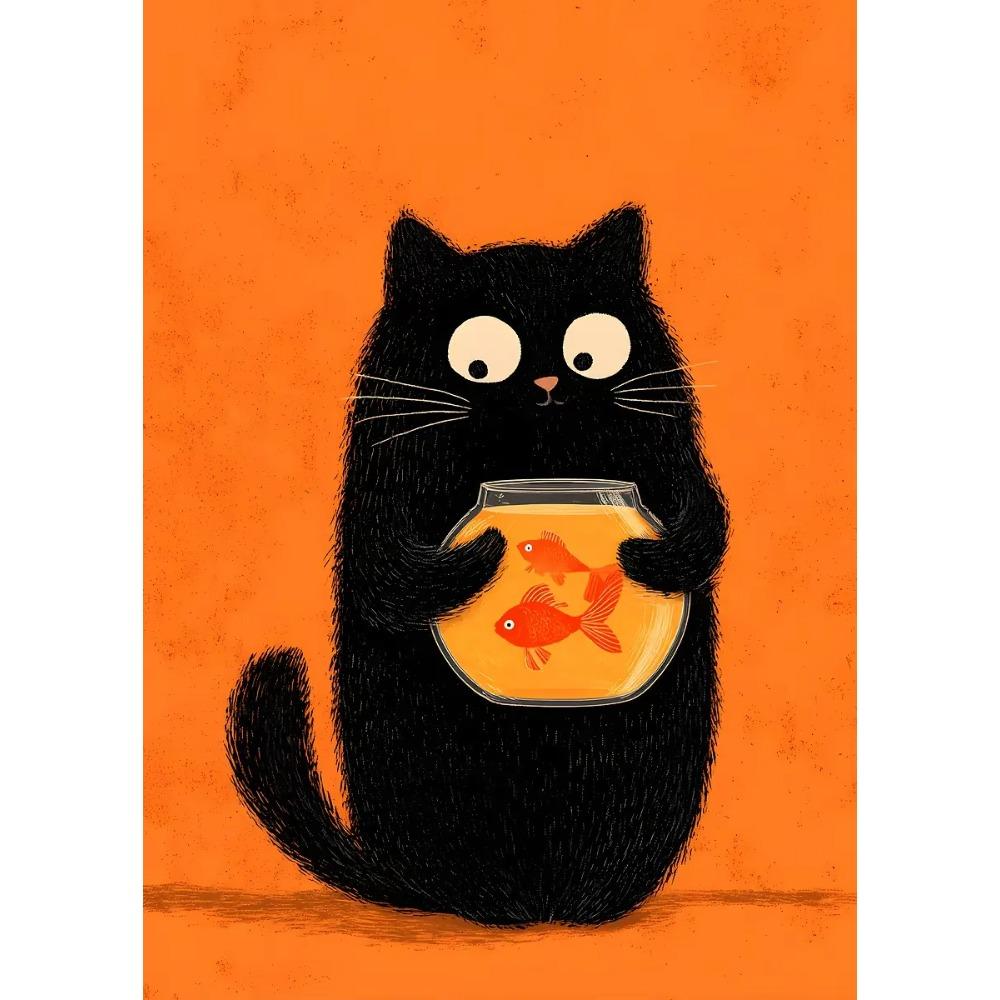 Black Cat Reading in Cozy Bed Orange Cat Cherry Blossom Lotus Landscape Canvas Painting Print Wall Art Picture Room Home Decor